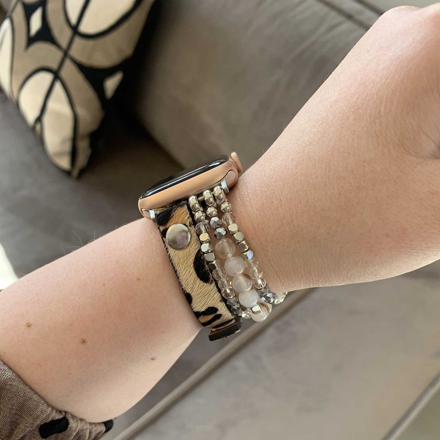 Correa de joyería de piel para el Apple Watch - plata leopardo